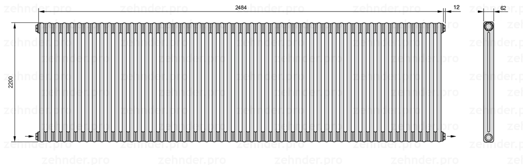 Схема (чертеж) Радиатор Zehnder Charleston 2220/54 №2670 Белый глянцевый RAL 9016